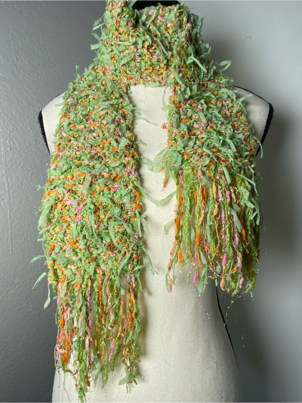 Y2K Fairy Green Multicolor Shag Fringe Knit Scarf